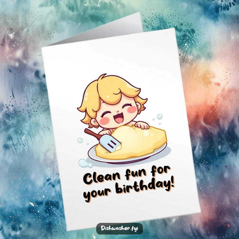 Funny Free Printable Birthday Card: A happy character scrubbing vigorously at a plate using a giant, bubbly sponge.