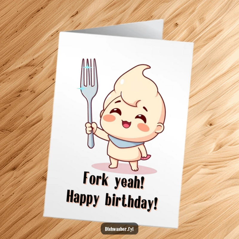 Funny Free Printable character triumphantly holding a sparkling clean fork, a celebratory DIY birthday card.