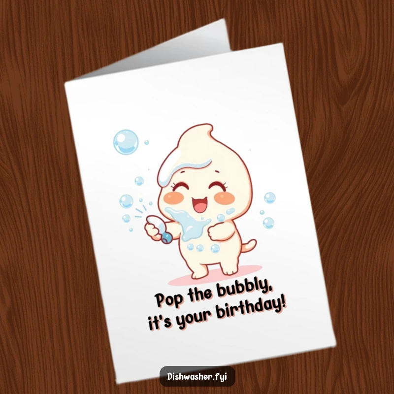 Funny Free Printable Birthday Card: Happy character joyfully spraying dish soap bubbles, creating a whimsical and celebratory scene.