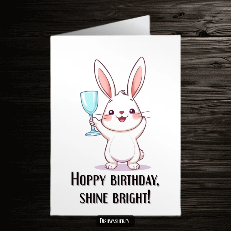 Funny Free Printable Birthday Card: A perky rabbit triumphantly holding a sparkling clean glass, a joyful downloadable gift.
