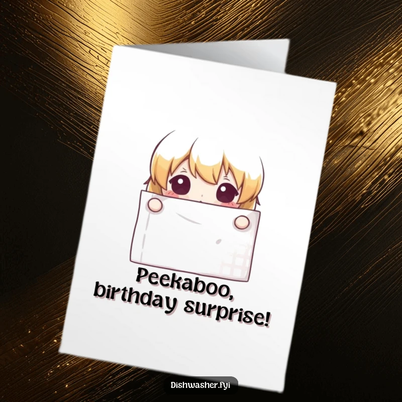 Funny Free Printable Birthday Card: Curious character peeking from behind a crisp, clean napkin, a birthday surprise revealed.