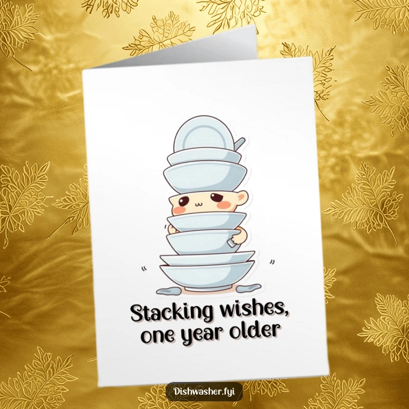 Funny Free Printable Birthday Card: Determined character precisely stacking dirty dishes, celebrating accomplishment.