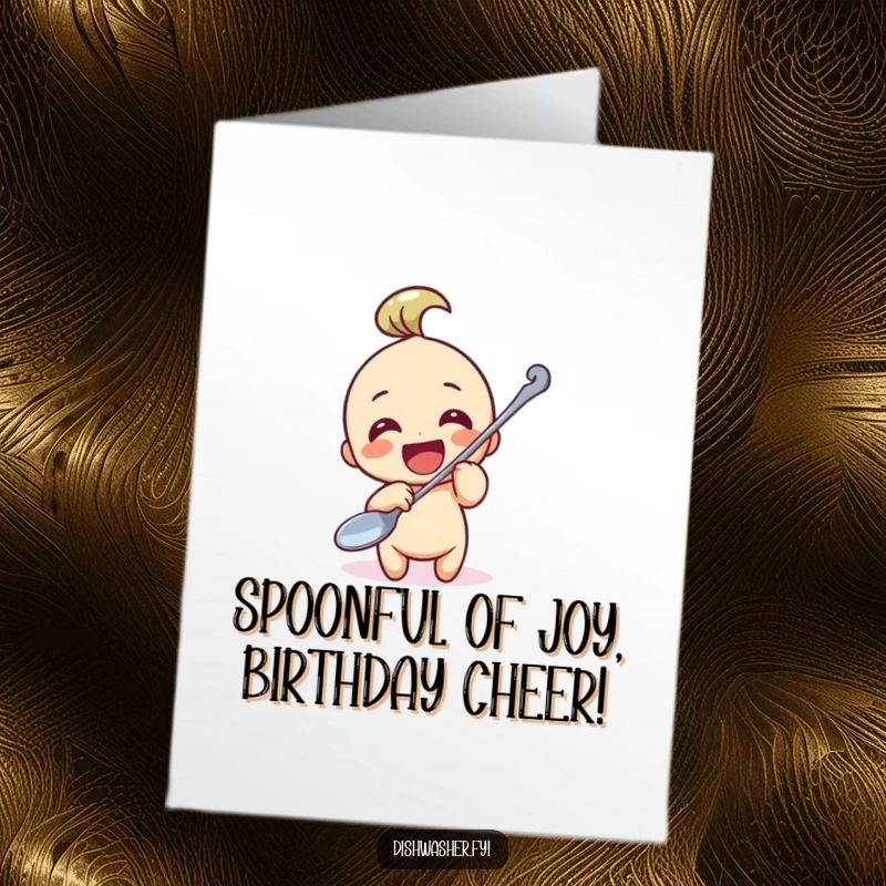 Funny free printable birthday card featuring a lively character gleefully polishing a giant spoon, ready to spread birthday cheer.