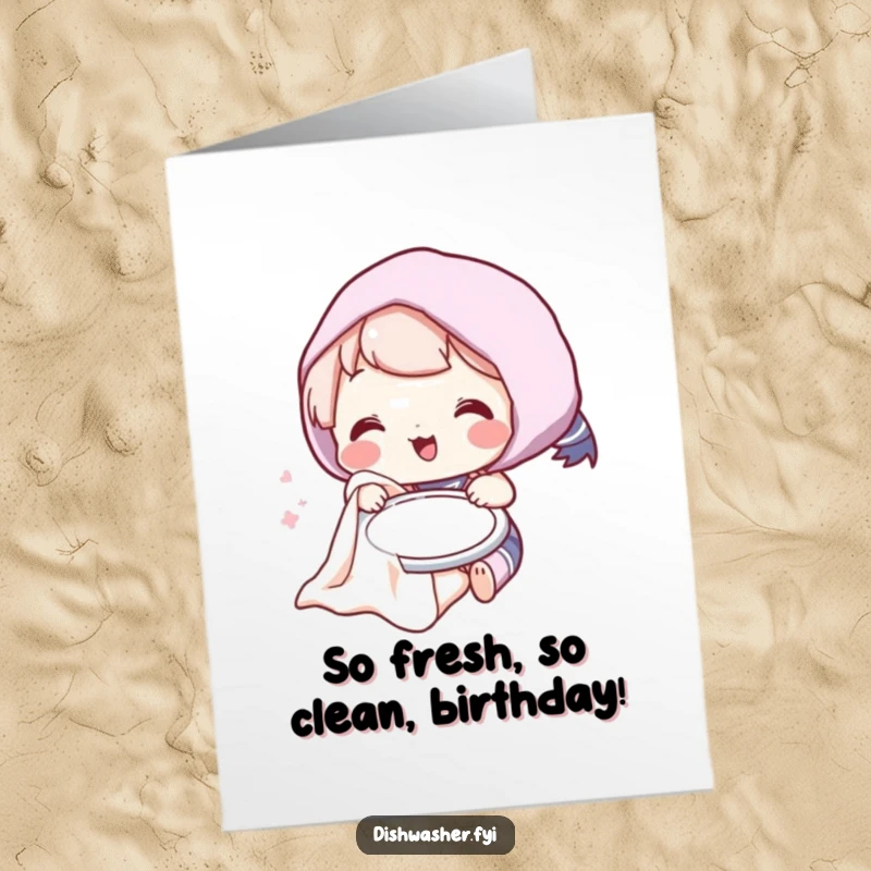 Funny Free Printable Birthday Card: Playful Character Giggles While Drying a Plate with a Fluffy Towel