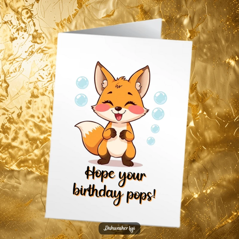 Funny Free Printable Birthday Card: A mischievous fox playfully juggles shimmering soap bubbles with glee, a fun downloadable greeting.