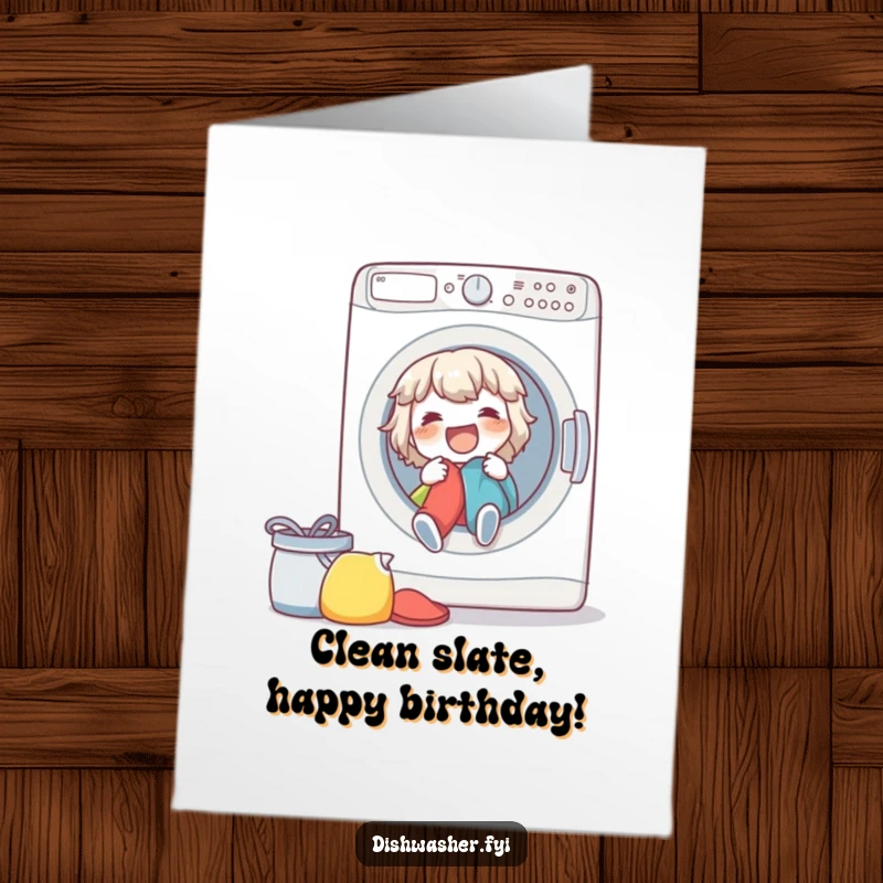 Funny Free Printable Birthday Card: Spirited character cheerfully loading a washing machine, a bubbly birthday surprise.