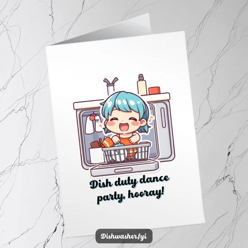Funny Free Printable Birthday Card: Cheerful character happily singing while loading a dishwasher, a joyful DIY gift.