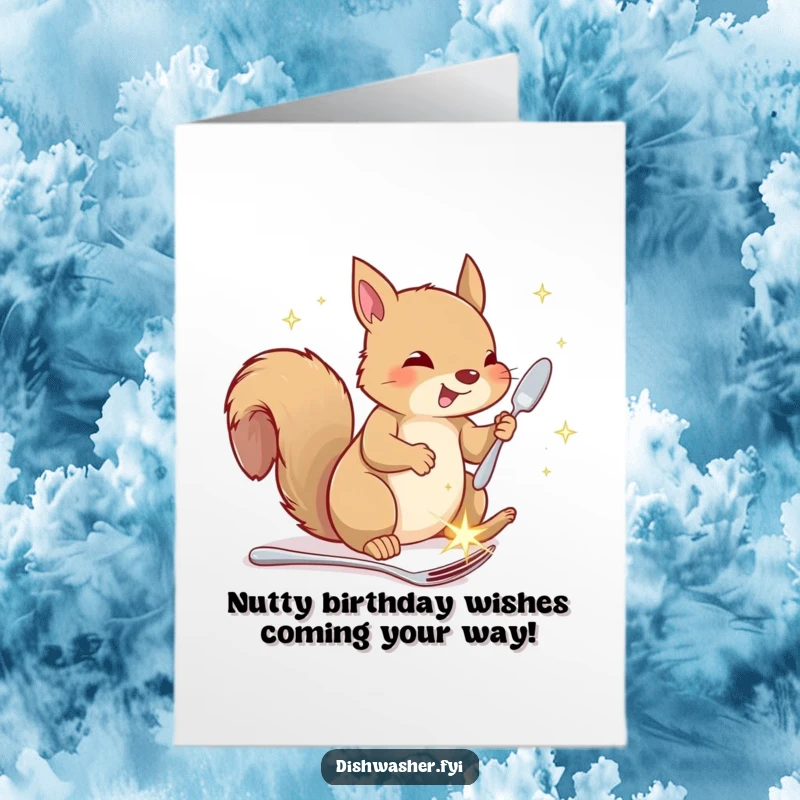 Funny Free Printable Birthday Card: A cheerful squirrel meticulously places sparkling cutlery into storage, looking quite pleased.
