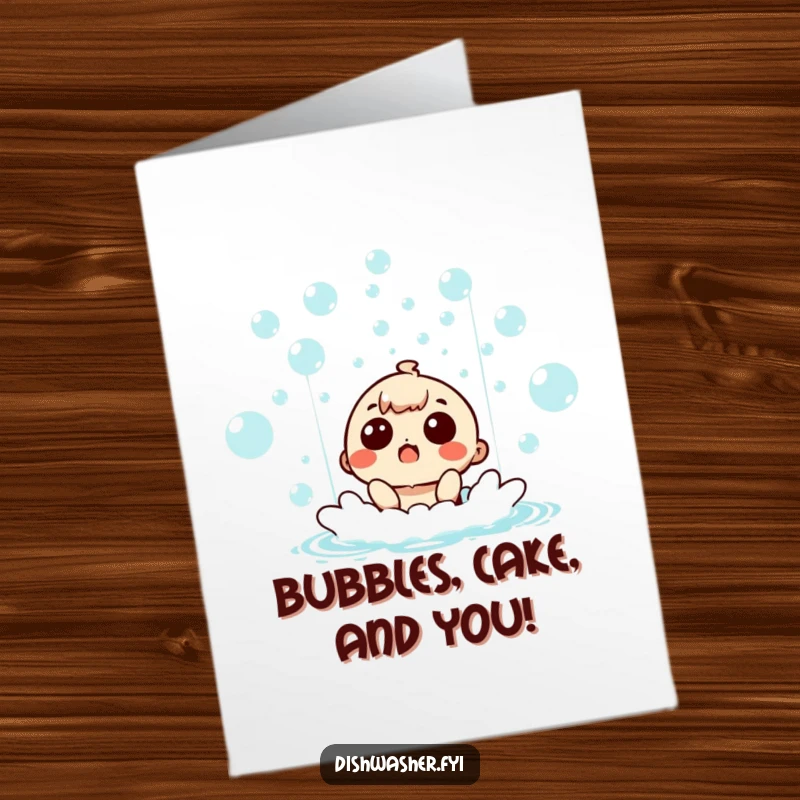 Funny Free Printable Birthday Card: Surprised character giggling in a cascade of joyful bubbles, a unique downloadable greeting.