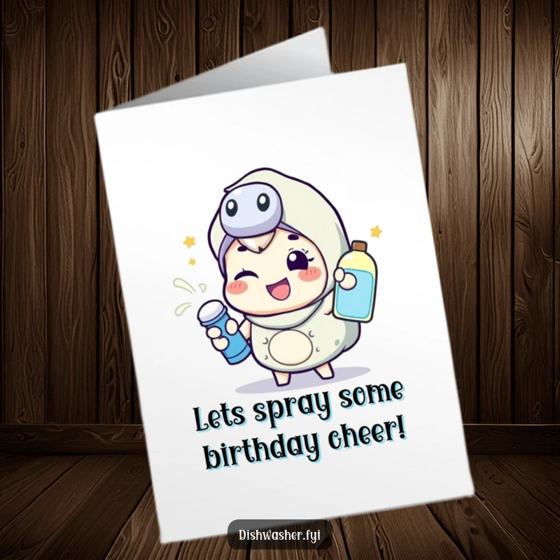 Funny free printable birthday card of a happy character energetically spraying cleaning liquid with a wink, ready to clean up celebration.
