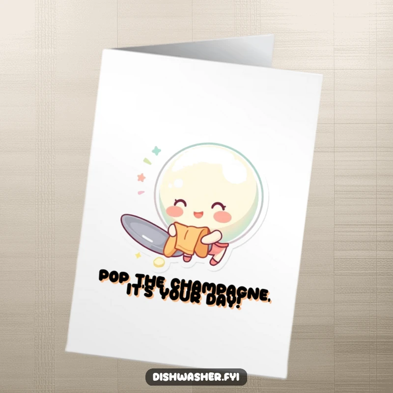 Funny Free Printable Birthday Card: A cheerful bubble happily polishing a huge spoon with a cloth, bright and bubbly.