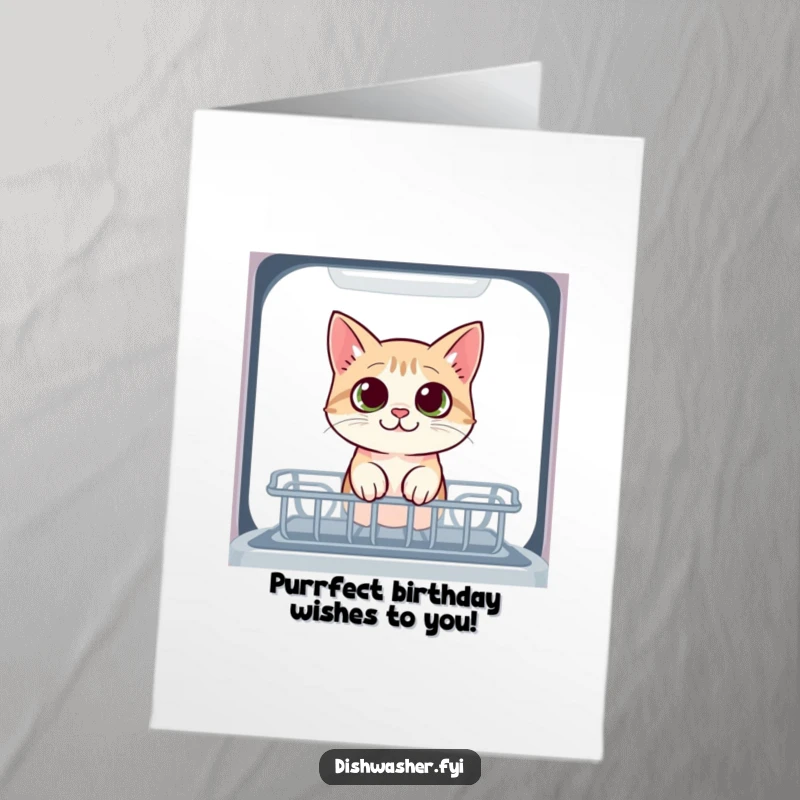 Funny Free Printable Birthday Card: A curious cat character peeks into the dishwasher with wide eyes, full of wonder.