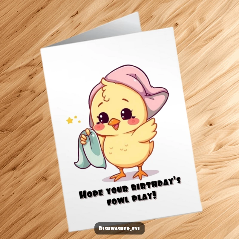 Funny Free Printable Birthday Card: A playful chick character spins a drying towel around its finger, ready for fun.