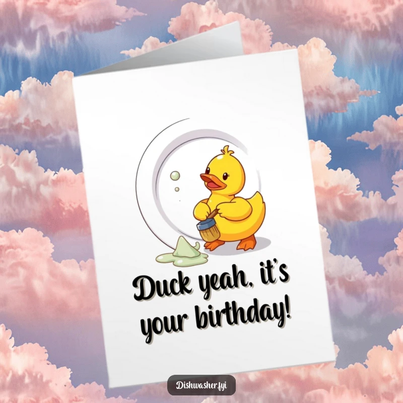 Funny Free Printable Birthday Card: Rubber duck frantically scrubbing a giant plate with a tiny brush, a hilarious chore.