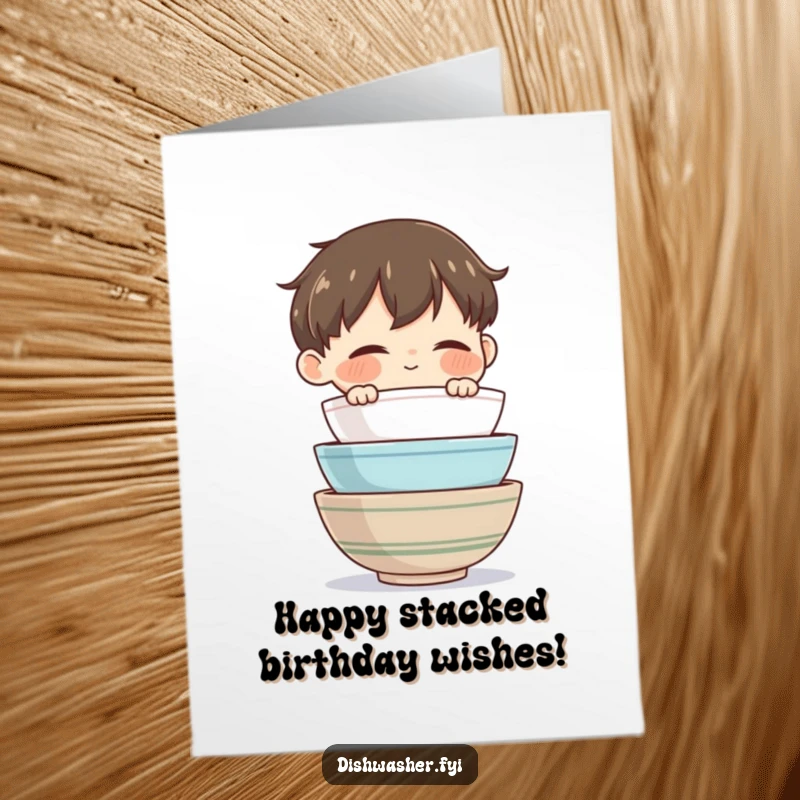 Funny Free Printable Bowl Stacker Birthday Card: Content character admires stacked bowls, organized celebration, downloadable DIY gift.