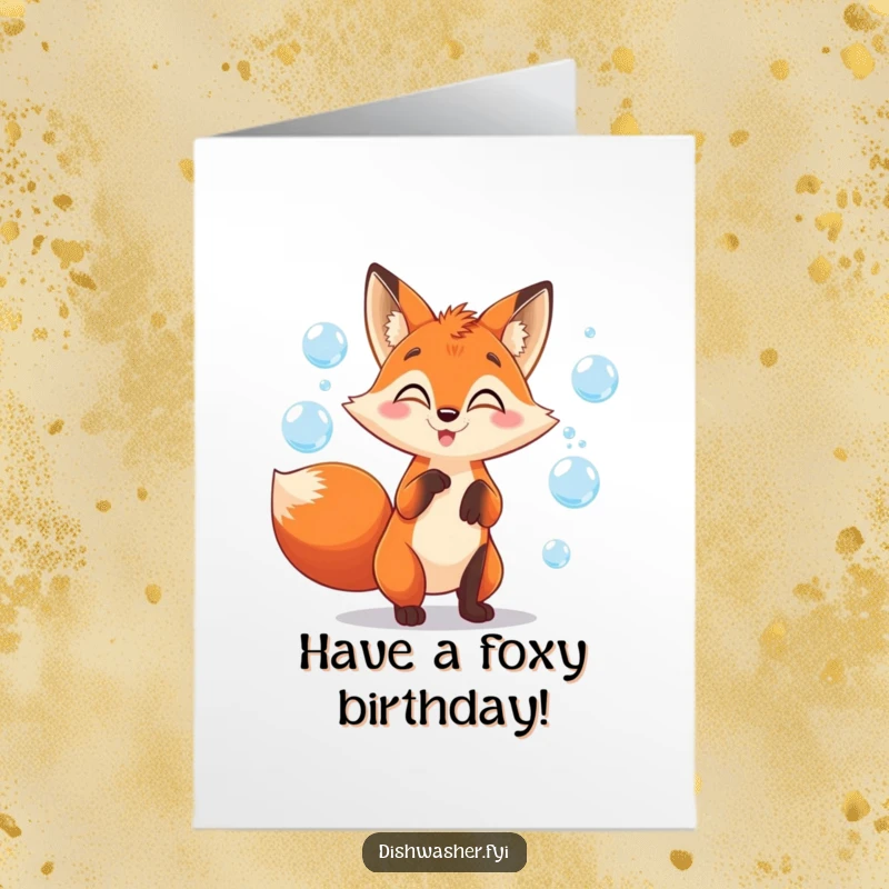 Funny free printable birthday card featuring a mischievous fox character playfully juggling shimmering soap bubbles with glee.