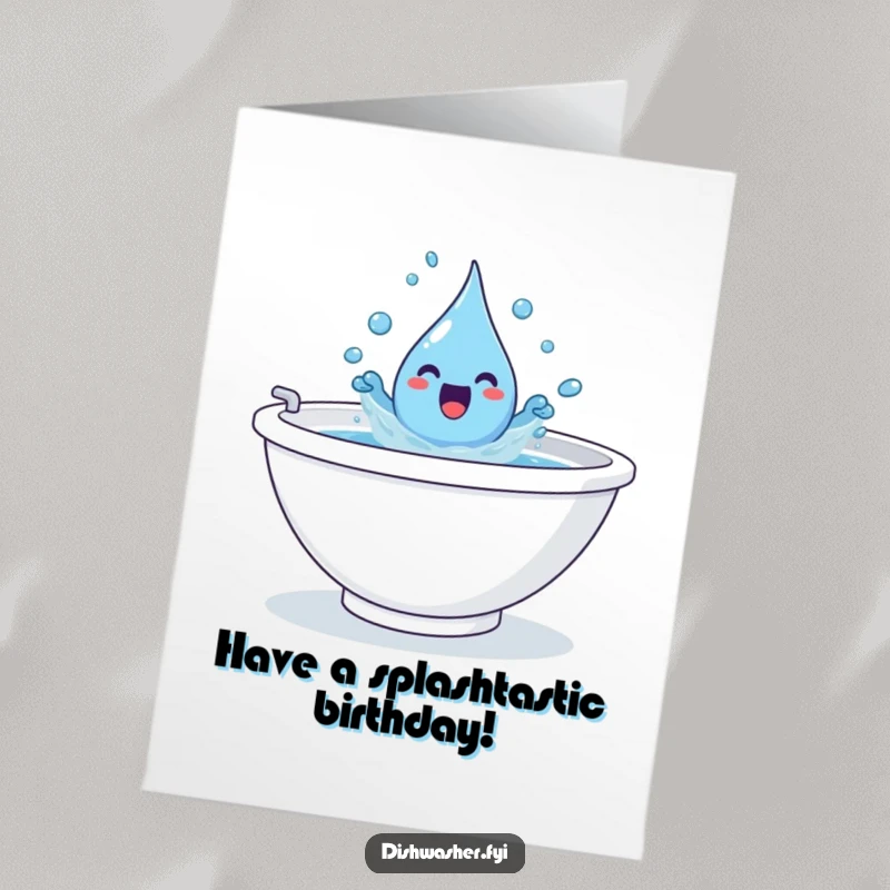 Funny Free Printable Birthday Card: A playful water droplet gleefully splashing in a giant sink, pure watery fun.