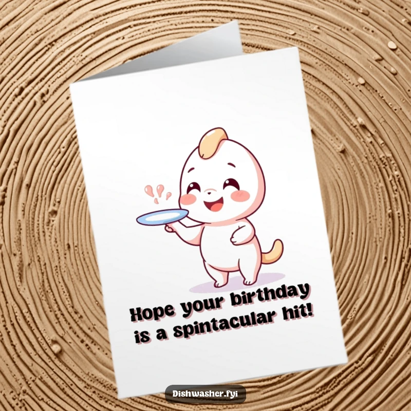 Funny Free Printable Birthday Card: Playful character with a wide grin, balancing a spinning plate on one finger, ready for fun.