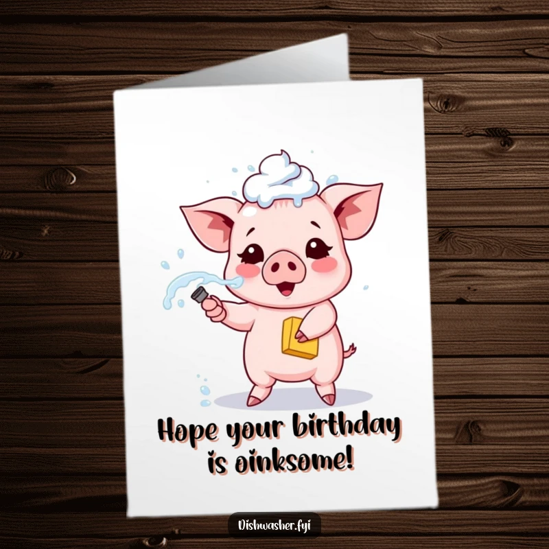 Funny Free Printable Birthday Card: A proud piglet joyfully sprays soapy water from a sponge, ready for fun.