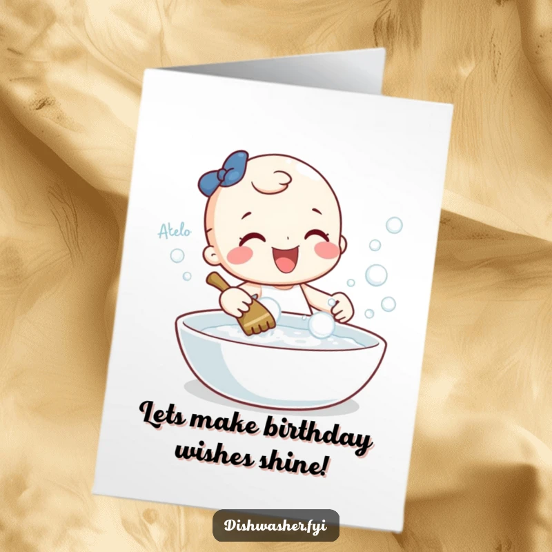 Funny free printable birthday card of a cheerful character gleefully scrubbing a sparkling dish with bubbles, full of clean zest.