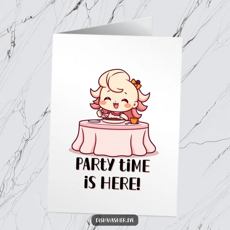 Funny Free Printable Birthday Card: Beaming character elegantly setting a festive table, a flourish of birthday joy.