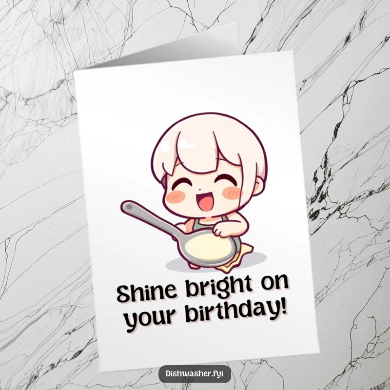 Funny Free Printable Birthday Card showing a delighted character polishing a spoon to a shine, celebrating a star.