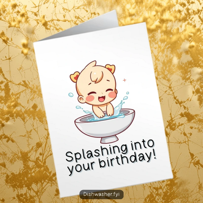 Funny Free Printable Birthday Card: A giggling character playfully splashing water with glee from a sink.