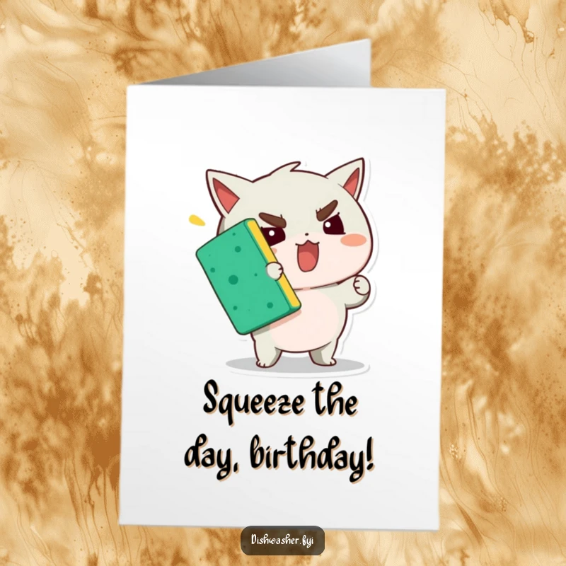 Funny Free Printable Birthday Card: Determined Character Squeezing a Sponge with Great Effort and a Grunt