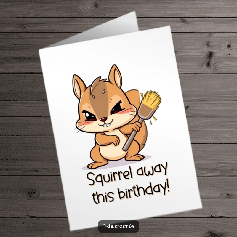 Funny Free Printable Birthday Card: A determined squirrel scrubs a tough spot with gusto and a focused expression, a funny downloadable greeting.