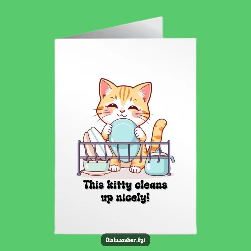 Free Printable Birthday Card: Funny Cat Cleaning Dishes, Hilarious Cat Lover Downloadable Gift