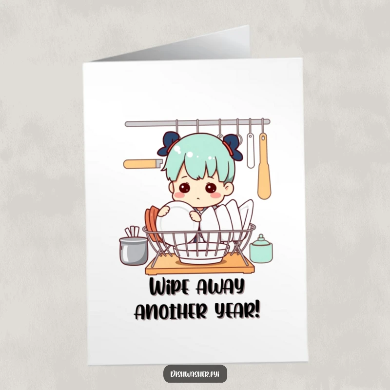Funny Free Printable Birthday Card: Determined character meticulously placing dishes in a drying rack, a comical chore celebration.