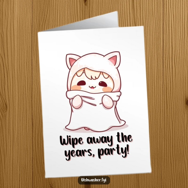 Funny free printable birthday card featuring a mischievous character comically disguised as a dishrag, ready for some birthday fun.