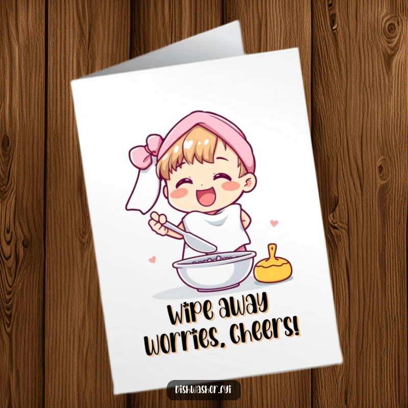 Funny Free Printable Birthday Card featuring a cheerful character joyfully drying dishes with a big, fluffy towel.