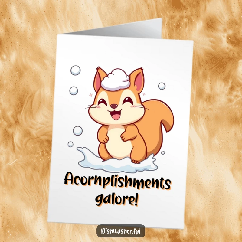 Free printable congratulations card with a playful squirrel character energetically chasing soap suds, symbolizing a clean win with a grin.