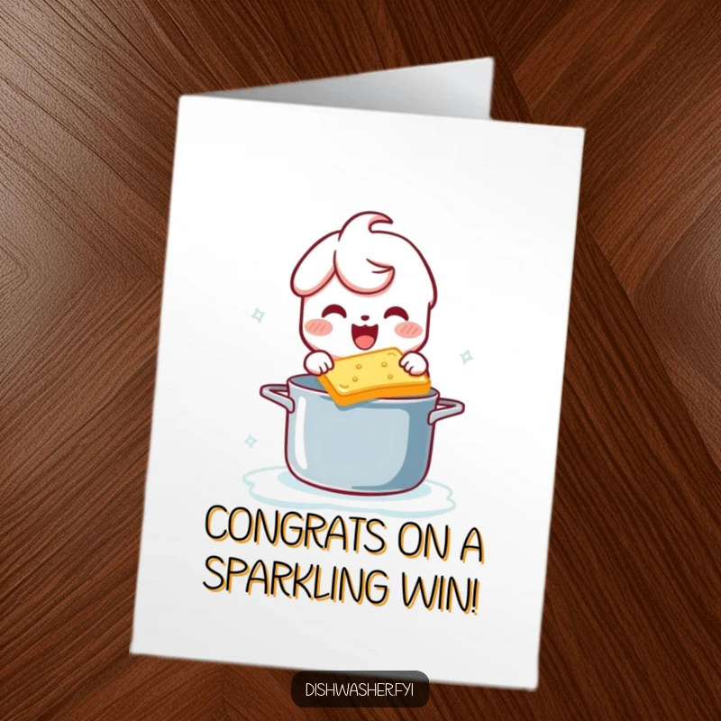 Funny Free Printable Congrats Card: A character gleefully scrubs a pot, celebrating your big win with bubbly enthusiasm.