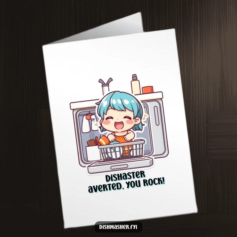 Funny Free Printable Congratulations Card: Cheerful character singing while loading a dishwasher, celebrating success.