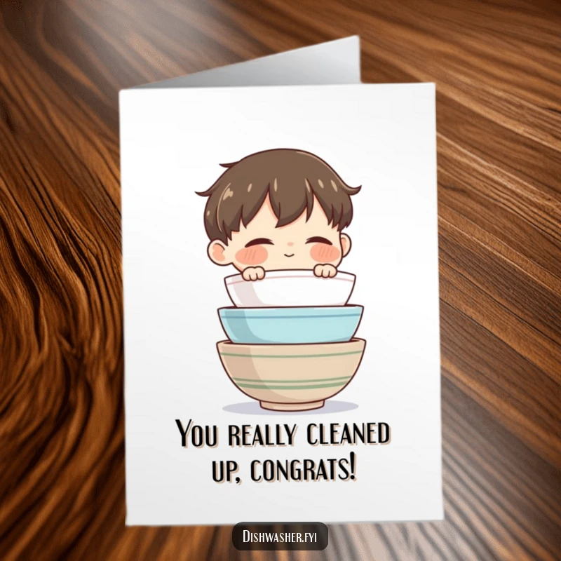 Funny Free Printable Bowl Stacker Congratulations Card: Content character admires stacked bowls, neat success, downloadable DIY gift.