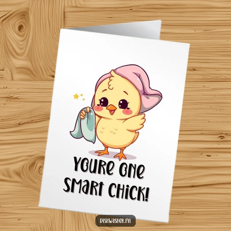 Funny Free Printable Congratulations Card: A playful chick character spins a drying towel around its finger, celebrating a win.