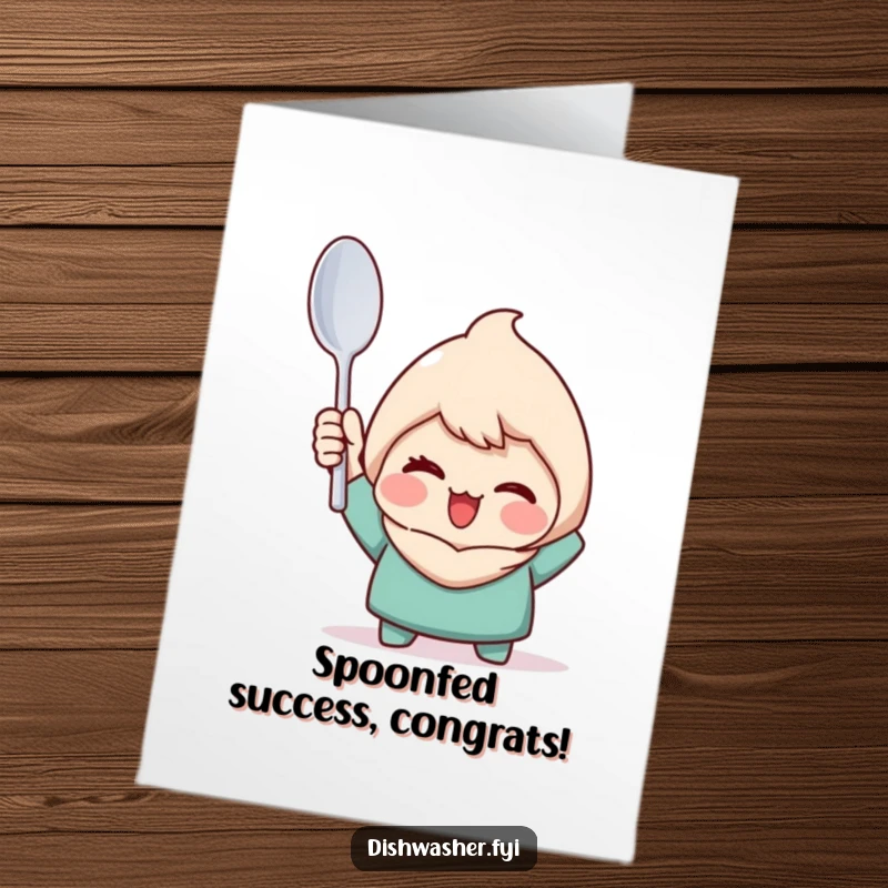 Funny Free Printable Congratulations Card: Character winking, holding a perfectly clean spoon, celebrating your success.