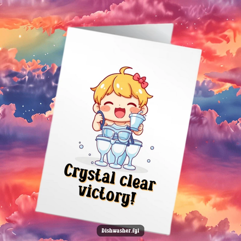 Funny Free Printable Congratulations Card showing a delighted character enthusiastically rinsing a stack of shiny glasses.