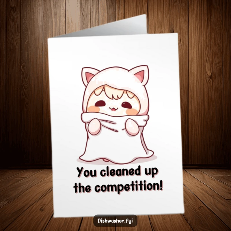 Funny free printable congratulations card showing a sneaky character posing as a dishrag, celebrating their triumphant success.