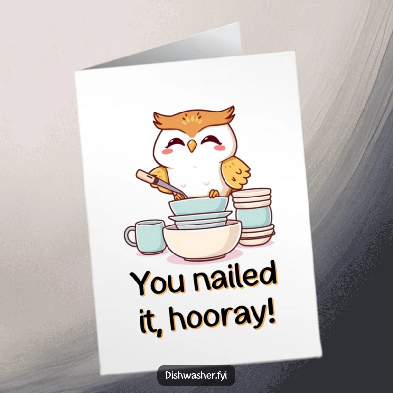 Funny Free Printable Congratulations Card: Giggling owl expertly stacking dishes, a symbol of proud accomplishment. Print at home.