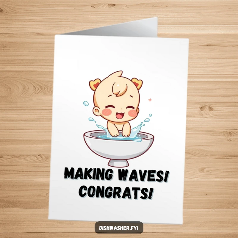Funny Free Printable Congratulations Card: A giggling character joyfully splashes water around from a sink.