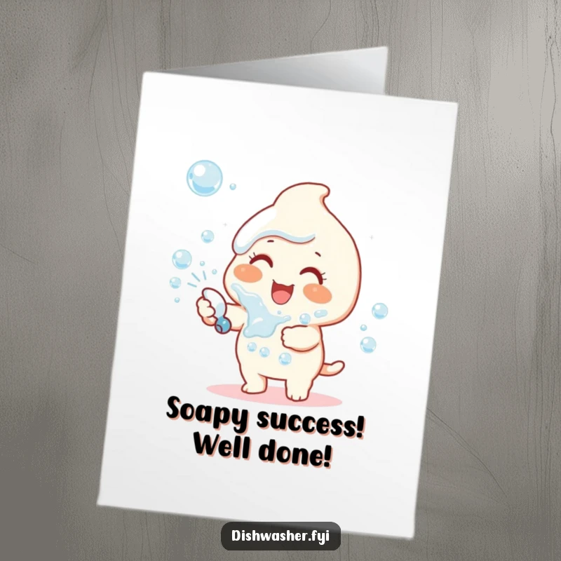 Funny Free Printable Congrats Card: Happy character gleefully spraying dish soap bubbles, a symbol of messy, happy celebration.