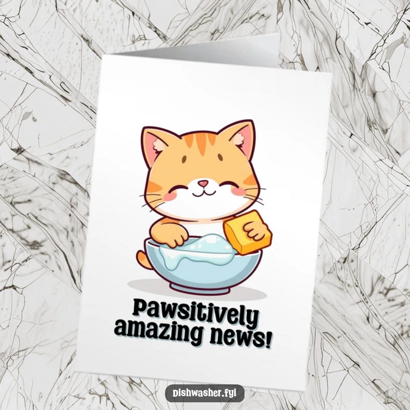 Free printable congratulations card with a happy cat character diligently cleaning a dish, signifying a job well done with a smile.