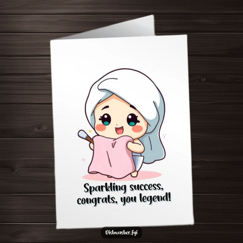 Funny Free Printable Congratulations Card: A beaming character happily dries dishes, celebrating your success.
