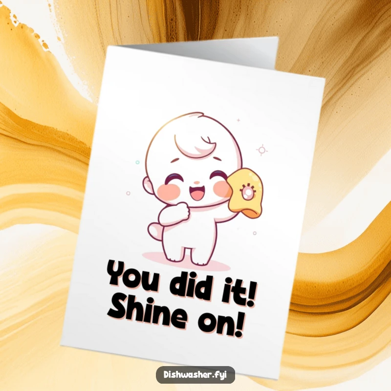 Funny Free Printable Congratulations Card: Character with a big smile polishing a glass, celebrating a shining achievement.