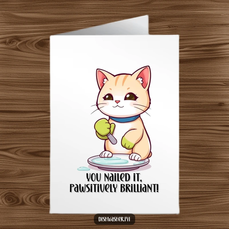 Funny Free Printable Congrats Card: A cat in a rubber glove, meticulously scrubbing a plate, a humorous downloadable gift.