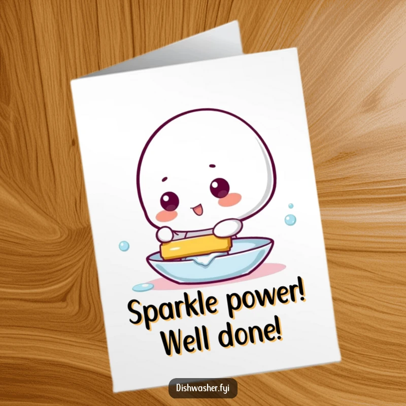 Funny Free Printable Congratulations Card: Playful character using a squeegee to make a dish gleam, celebrating success.