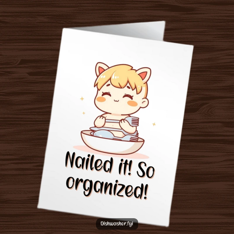 Funny free printable congratulations card of a character humming and neatly stacking clean cutlery in a precise order.